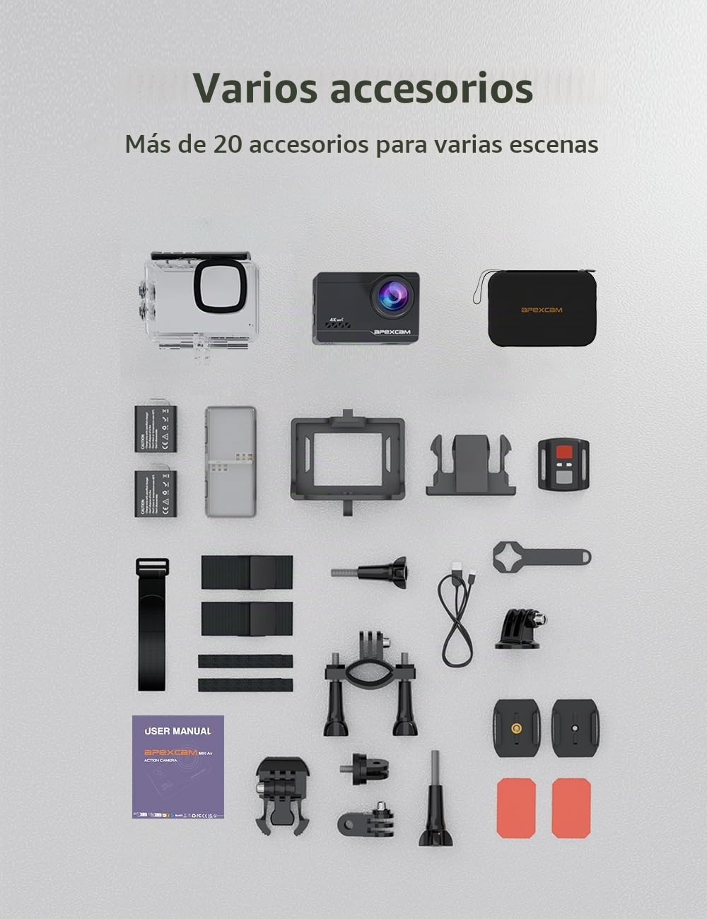 Apexcam Cámara Deportiva 4K60 EIS con Bolsa Organizadora WiFi Cámara subacuática Impermeable 40M Action Camera Gran Angular 2.4G Remoto 2 baterías de 1350mAh y Accesorios Multiples