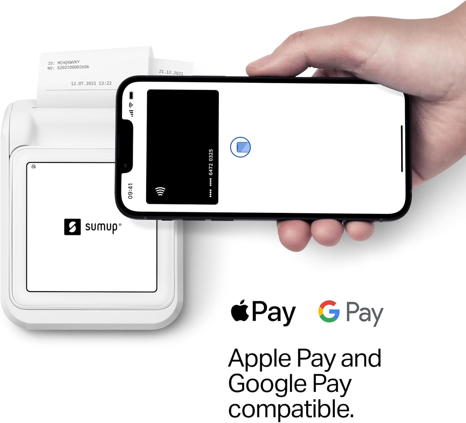 The SumUp Solo reader displaying a payment amount, with Apple Pay and Google Pay logos indicating compatibility.