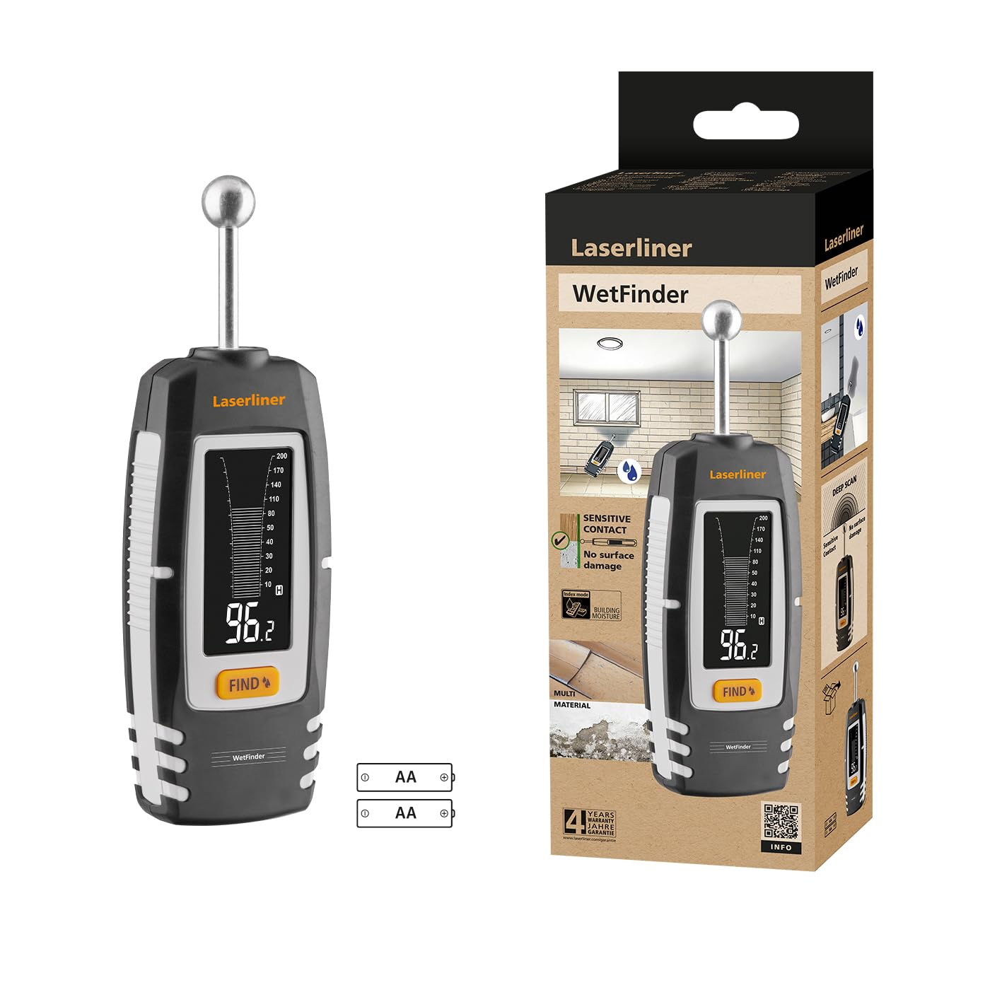 Laserliner Higrómetro digital, WetFinder, dispositivo de medición de temperatura y humedad, cálculo del punto de rocío, pantalla min/max