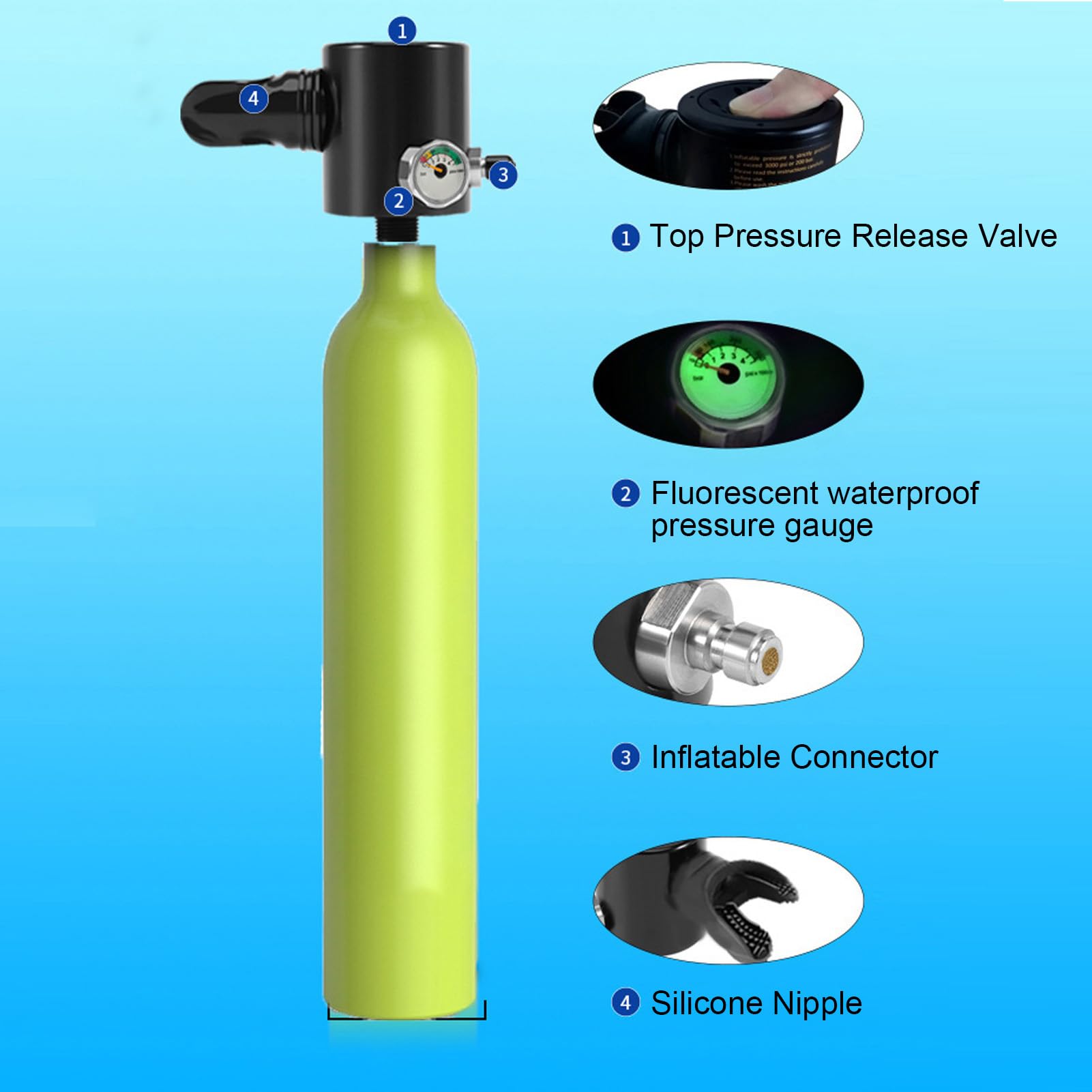 NutriEss Mini Scuba Tank Portable Diving Oxygen Cylinder 0.5L Reusable Tank with Pressure Gauge for Snorkeling and Underwater Activities (Green)
