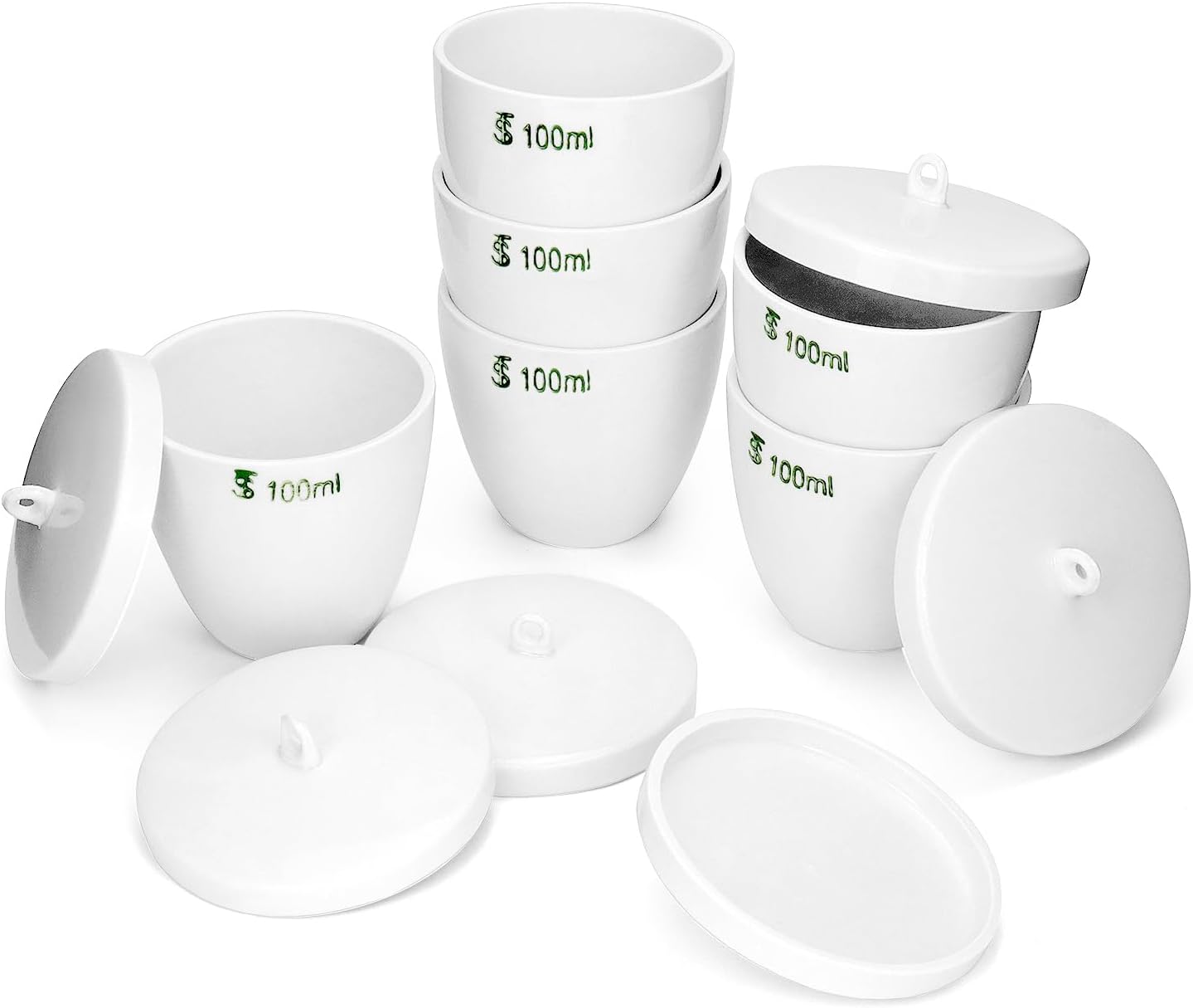QWORK Durable Porcelain Crucible with Lid, 100ml Capacity, for School, Laboratory, 6 Pack