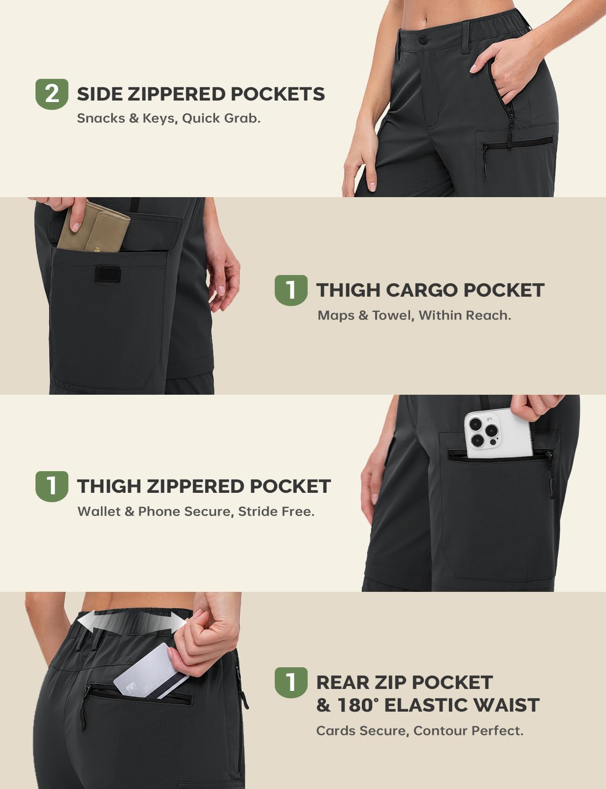 Cycorld, Pantaloni da Trekking, da Donna, Traspiranti, con Zip off, per attività all'Aria Aperta, Rimovibili, con 5 Tasche Profonde, per Escursionismo, Viaggi e Tempo Libero