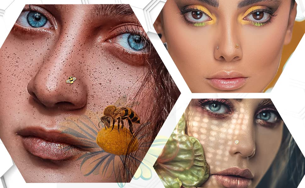 Jewseen 3-Piece Nose Rings - 20G Gold Nose Studs, Surgical Steel Nostril Piercings - L-Shaped for Women & Men4