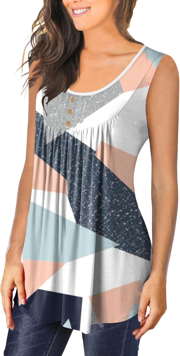 BeadChica Plus Size Women's Casual Tank Tops For Leggings Sleeveless Dressy Tunics Shirts Botton Down Henley Blouses Summer-Floral-XL - Image 2