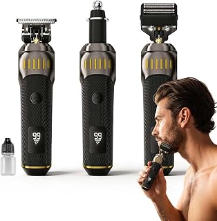 Cordless 3-in-1 Electric Beard Trimmer Kit, Rechargeable Mustache and Nose Grooming Set for Men, Hair Clipper with Guide Combs (Gold)