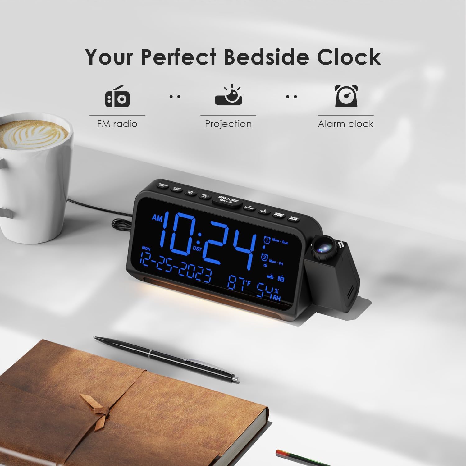ROCAM Projection Alarm Clock Radio showing time, date, temperature, and humidity