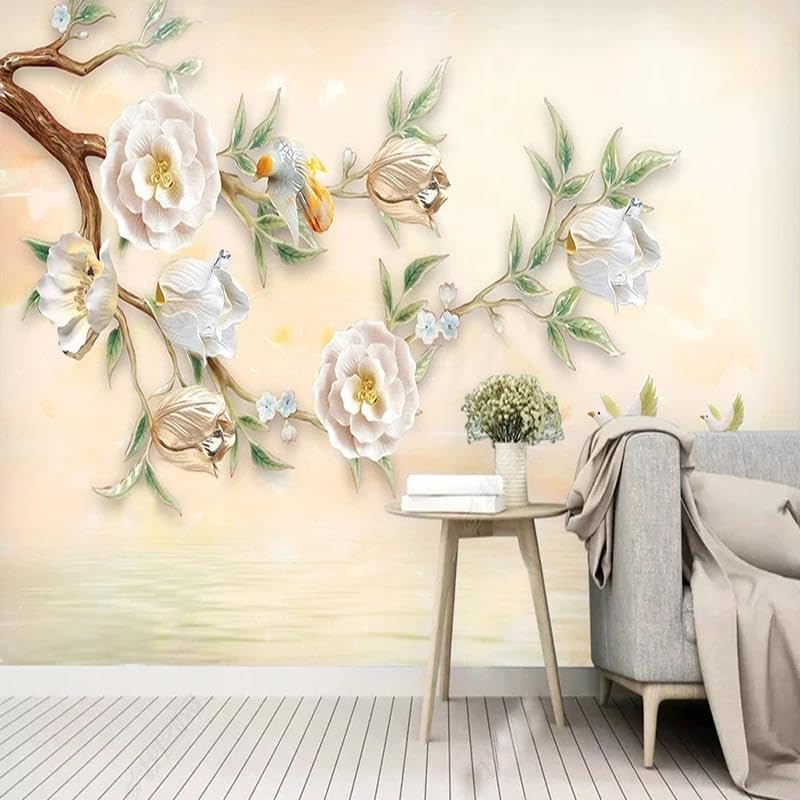Papier peint fleurs oiseaux 3D pour masquer un mur abîmé - 4