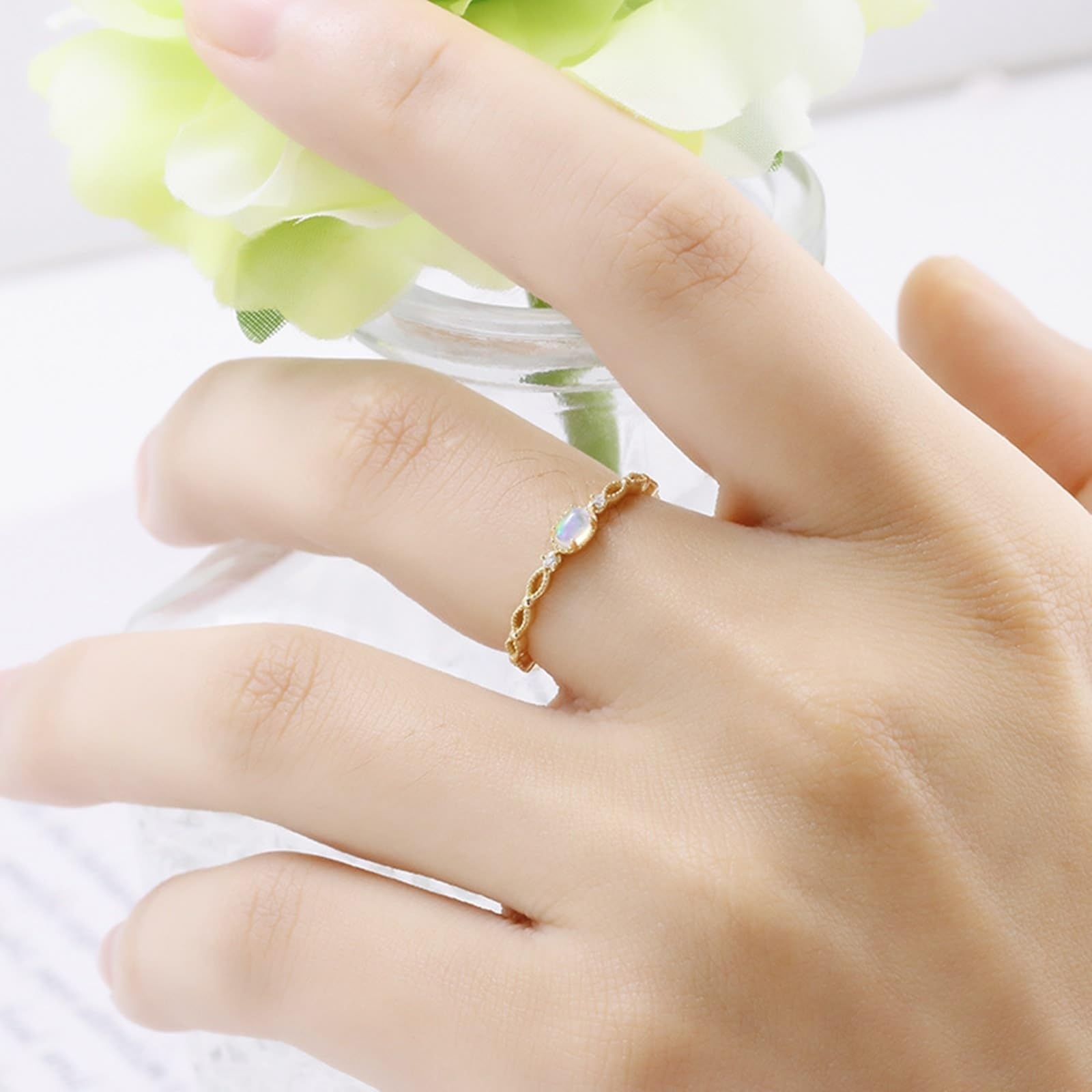 Anillo de boda oro 9 K/14 K/18 K con ópalo ovalado, elegante, filigrana pequeña