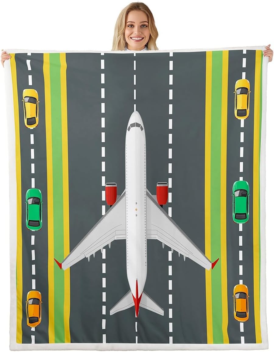 Castle Fairy Racing Car Track Fleece Blanket,Airport Runway Bed Blanket for Kids Teens,Airplane Flannel Blanket for Room Decor,Queen 90"x90"