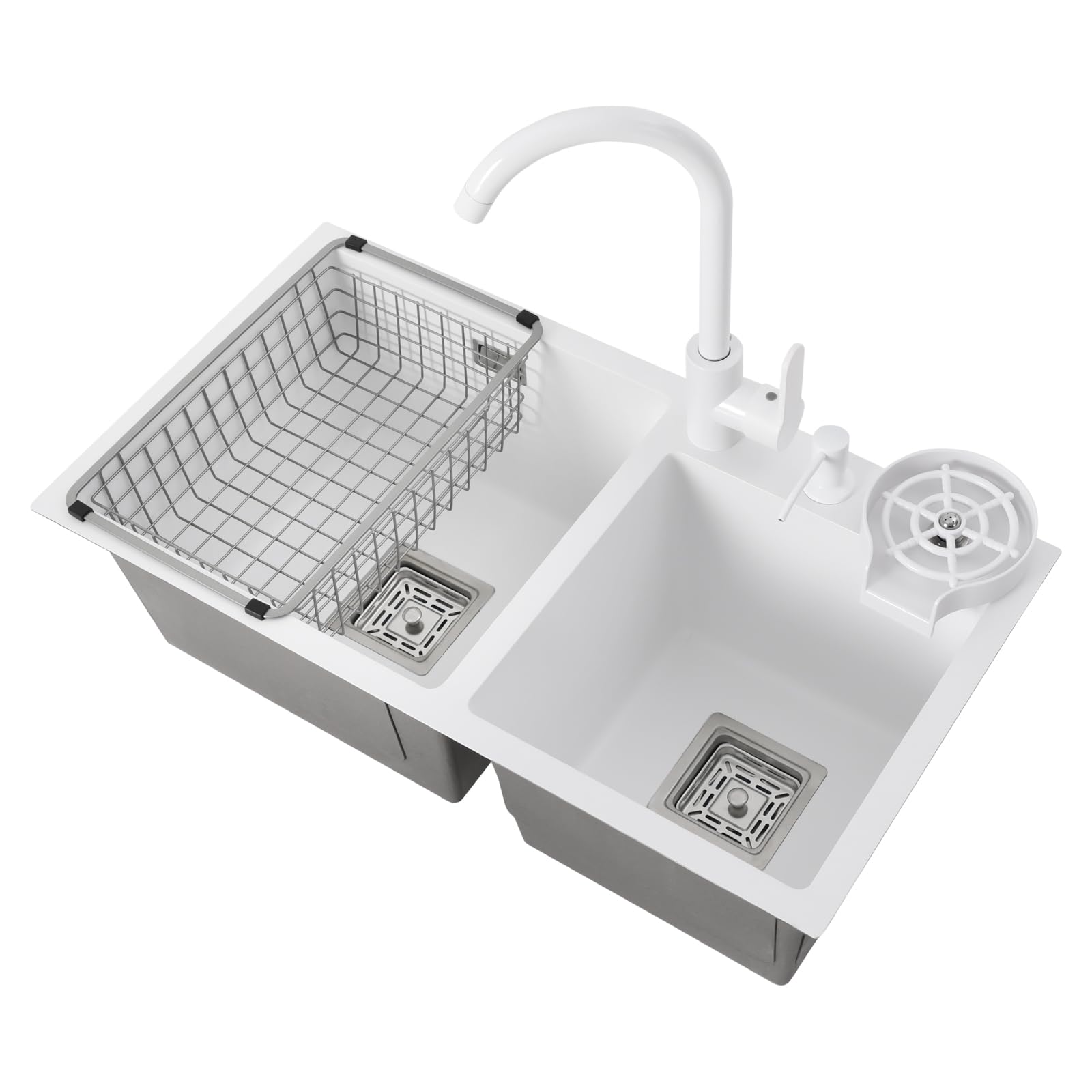 2 lavelli da cucina, 71 x 38 x 21 cm, colore bianco, in acciaio inox, con rubinetto per acqua calda e fredda, rettangolare, con sgocciolatoio, set di lavello da incasso, per appartamenti, ristoranti