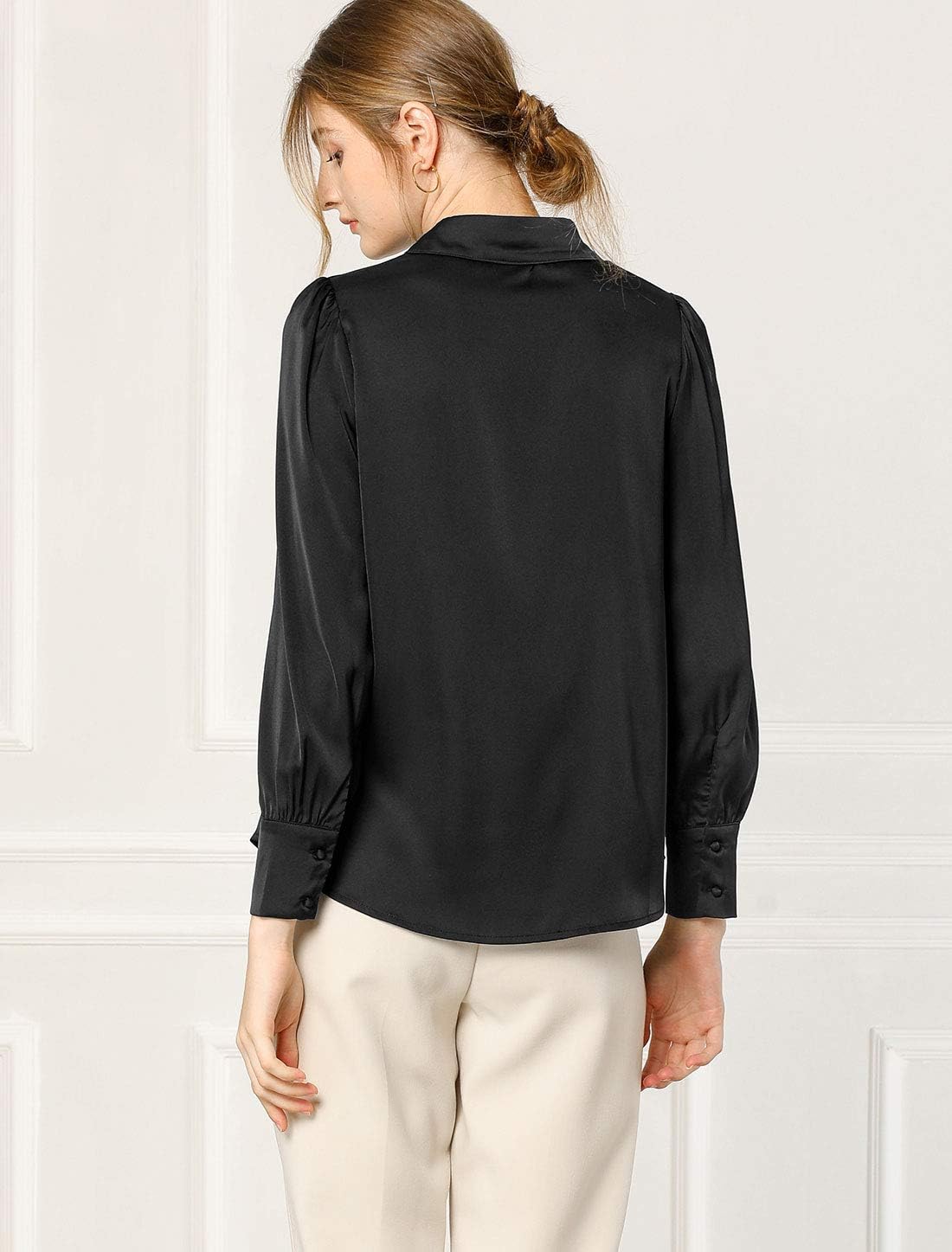 Allegra K Women's Satin Blouse Puff Long Sleeve Collared Button Down Shirt Dressy Office Work Top Business Casual - Image 5