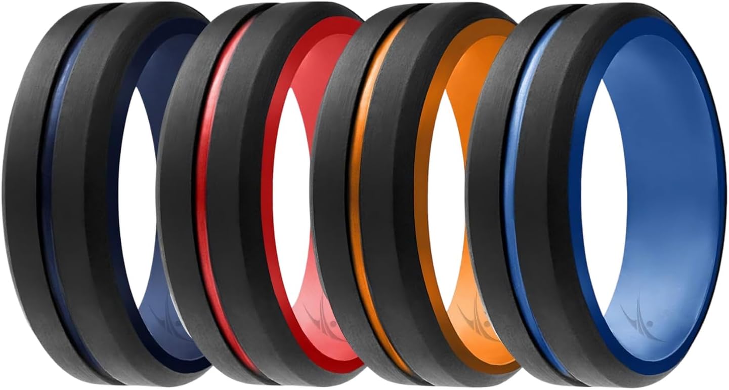 Men's Silicone Rings - Mens Silicone Wedding Band & Rubber Engagement Ring for Men - Breathable Comfort Fit Silicone Rings for Him - Engraved Middle Line - Singles, Duos, Multipacks & Multi Colors