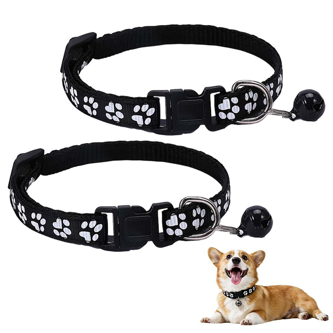 Collar Personalizado 2 Unidades Negro, Collar Gato Reflectante Con Cascabel Y Hebilla Segura Talla S 19-32Cm