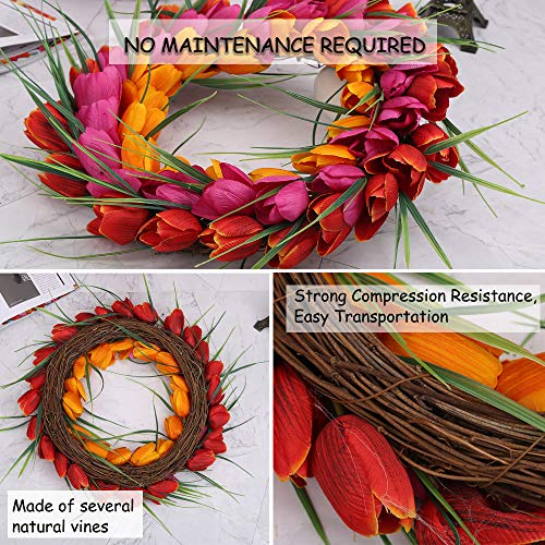 H&W Tulip Wreaths For Front Door Décor, 15'' Springtime Silk Flower Wreath For Window Wall Party Wedding Valentines Day Hanging Decorations, Orange Garland （Mc12-D1 #TOP2