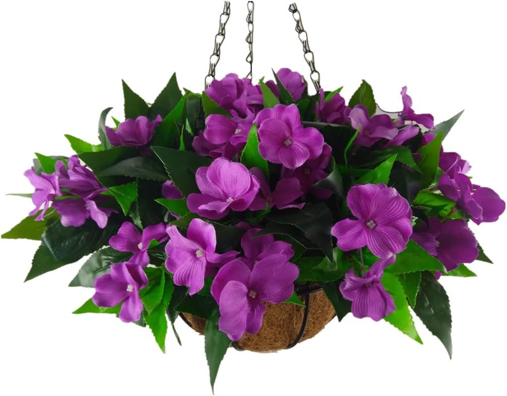 Fake Silk Impatiens Flower Pot Chain Hanging Basket Flowers Artificial Impatiens Balsamina Purple (7.8 inch)