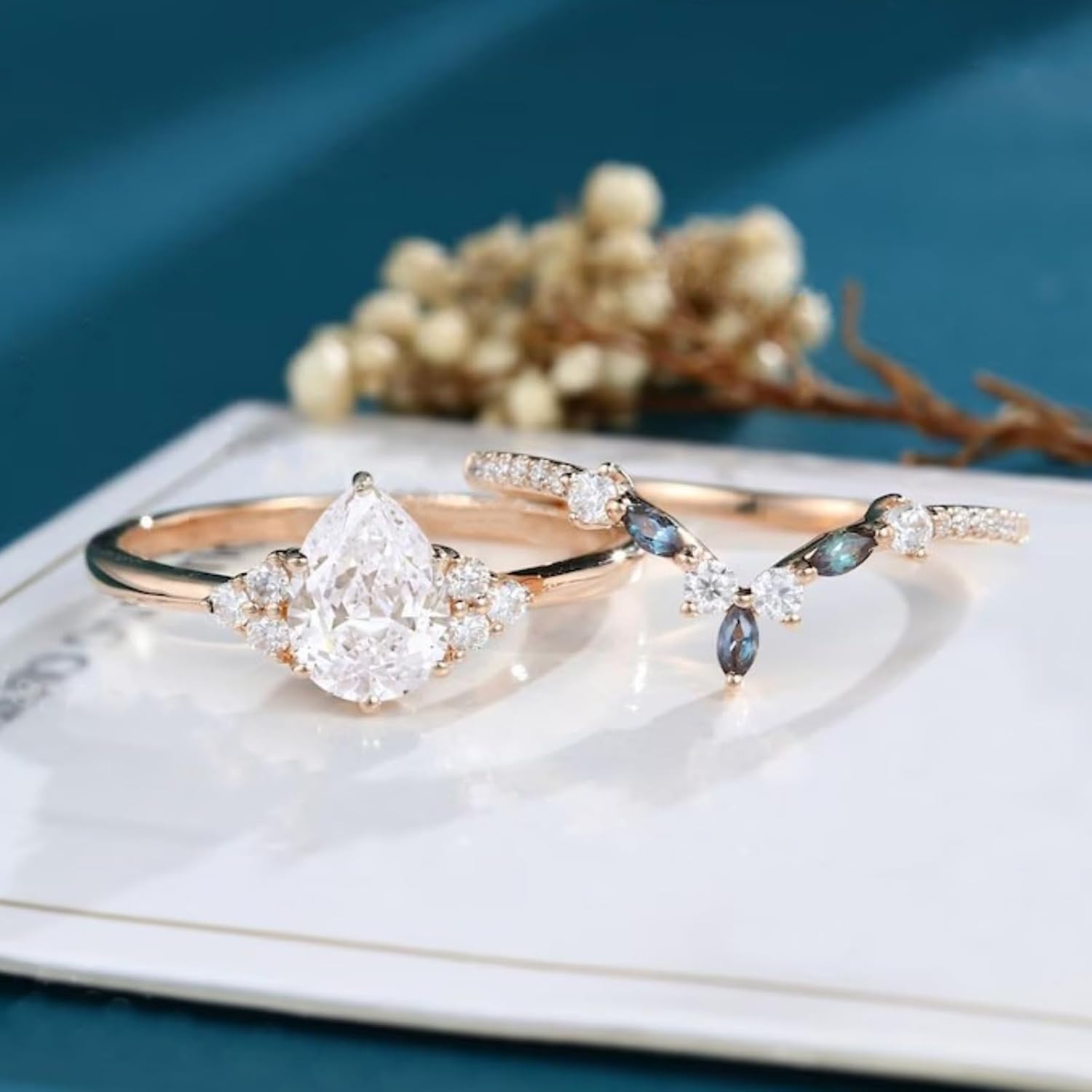 YDD Gemstone Ring Set 1.25 ct Pear Shape Gemstone Engagement Rings for Women S925 10K 14K 18K Gemstone and Alexandrite Unique Bridal Anniversary Promise Ring Set