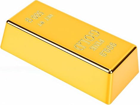 Rengue Fake Gold Bar Replica Prop .9 Fine Gold Plated 3D Relief ABS Plastic Decorative Door Stopper with Mirror Finish for Photography Display Prank Toy Party Gift Small Size