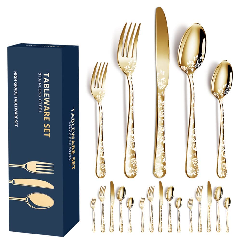 Goldenes Geschirr-Set, 20-teiliges Edelstahl-Besteck-Set für 4 Personen, Küchenutensilien-Set, Geschirr-Besteck-Set für Zuhause und Restaurant, Hochzeit, Halloween, Weihnachten