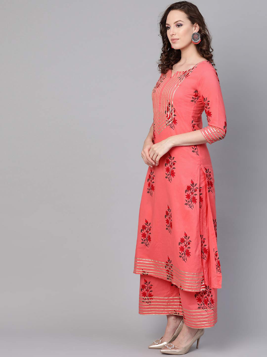 Idalia Coral Printed Straight Pure Cotton Kurta Set For Women 3/4 Sleeve, Round V Neck Designer Kurta With Palazzo Set For Women
