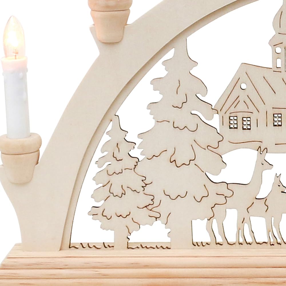 Wichtelstube-Kollektion Holz Schwibbogen Lichterbogen Waldkirche und Rehe 45cm Schwippbogen Weihnachten Weihnachtsbogen Schwibbogen Weihnachten 7 Kerzen 230V Anschluss