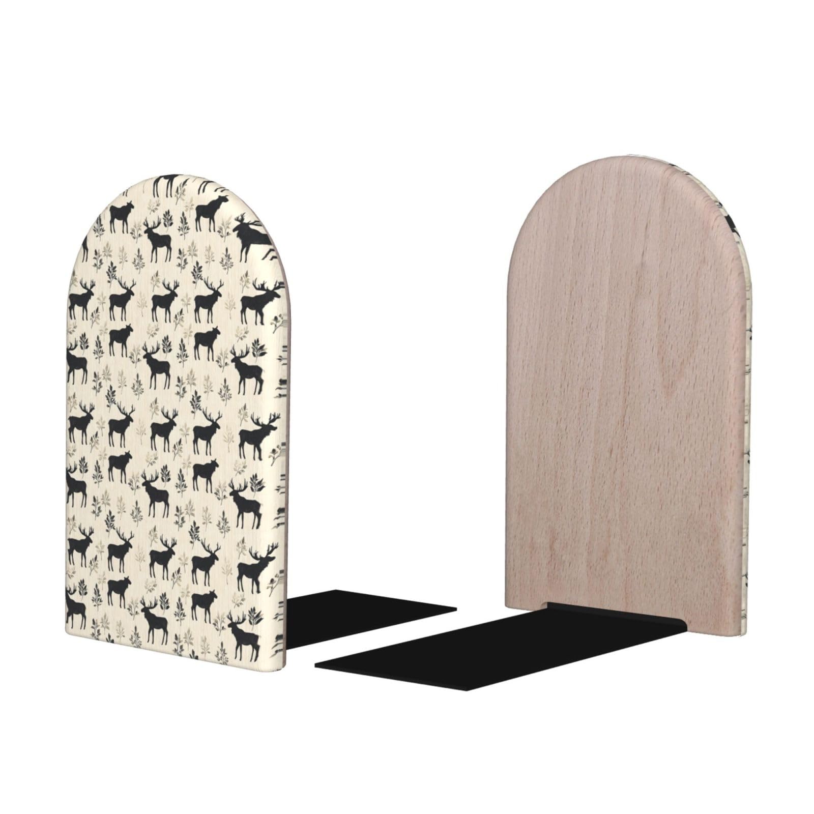 Plant Elk Silhouette Print BookEnds 1 Pair, Decorative Bookends for Heavy Books, Wood Book Ends for Shelves, Book Organizer for Home Desk Office Supplies