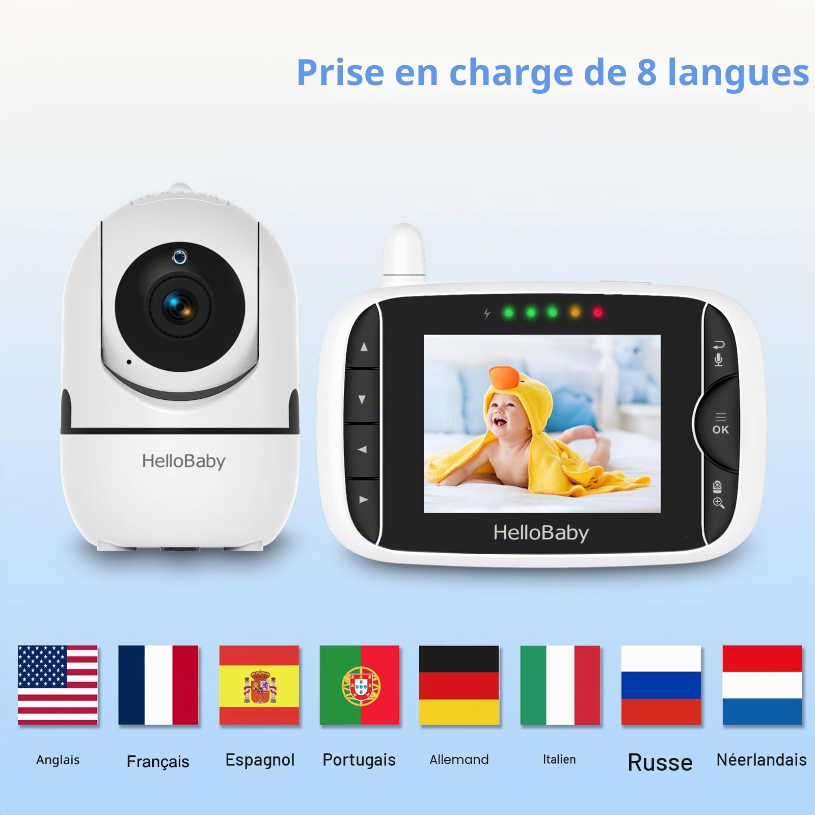 HelloBaby Moniteur bébé Hello Baby avec caméra et audio, écran LCD de 8,1 cm, rotation à 355° horizontalement et 120° verticalement, mode ECO, audio bidirectionnel, vision nocturne, surveillance de la