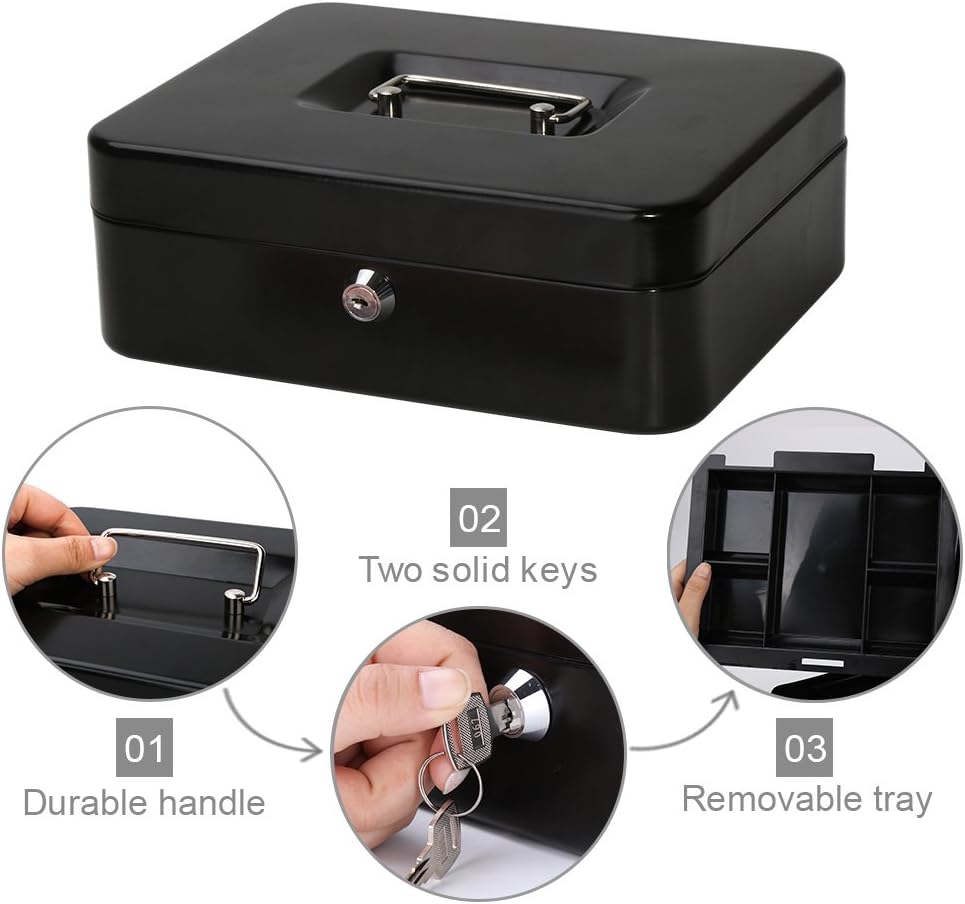 Decaller Large Cash Box with Money Tray, Metal Money Box with Key Lock for Home or Business, 9.83" x 7.82" x 3.41", Black