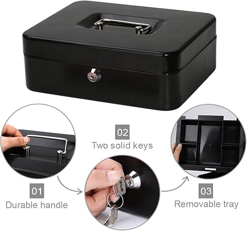 Miniatura 4 de Decaller - Caja de efectivo metálica con bandeja de dinero con cerradura de llave para seguridad negro mediana 238 x 198 x 889 cm