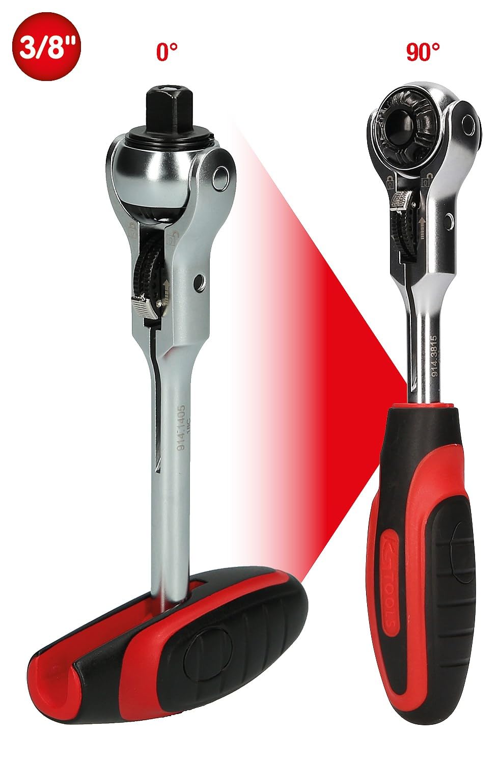 KS Tools 914.3815 Cricchetto a testa snodabile con impugnatura mini a T MODIFIX da 3/8", 72 denti, 0°+90°