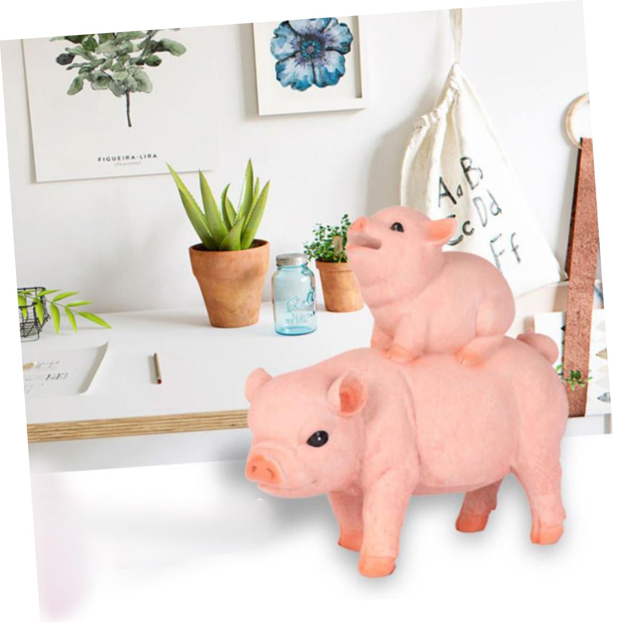 Großes Sparschwein aus Kunstharz mit Schweinchen Design, Rosa
