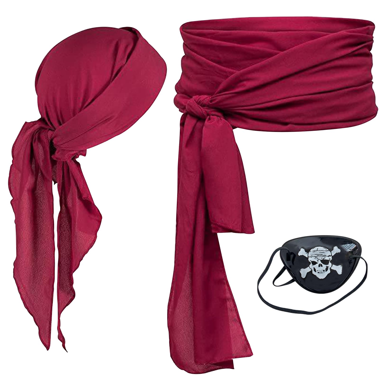 FOSDICK Red Bandana Sash Belt Eye Patch, 3 Pcs Pirate Costume Women Set, Pirate Costume Accessories Bandanas for Women Sash, Fancy Dress Retro Red Hair Scarf for Halloween Cosplay Carnival Parties