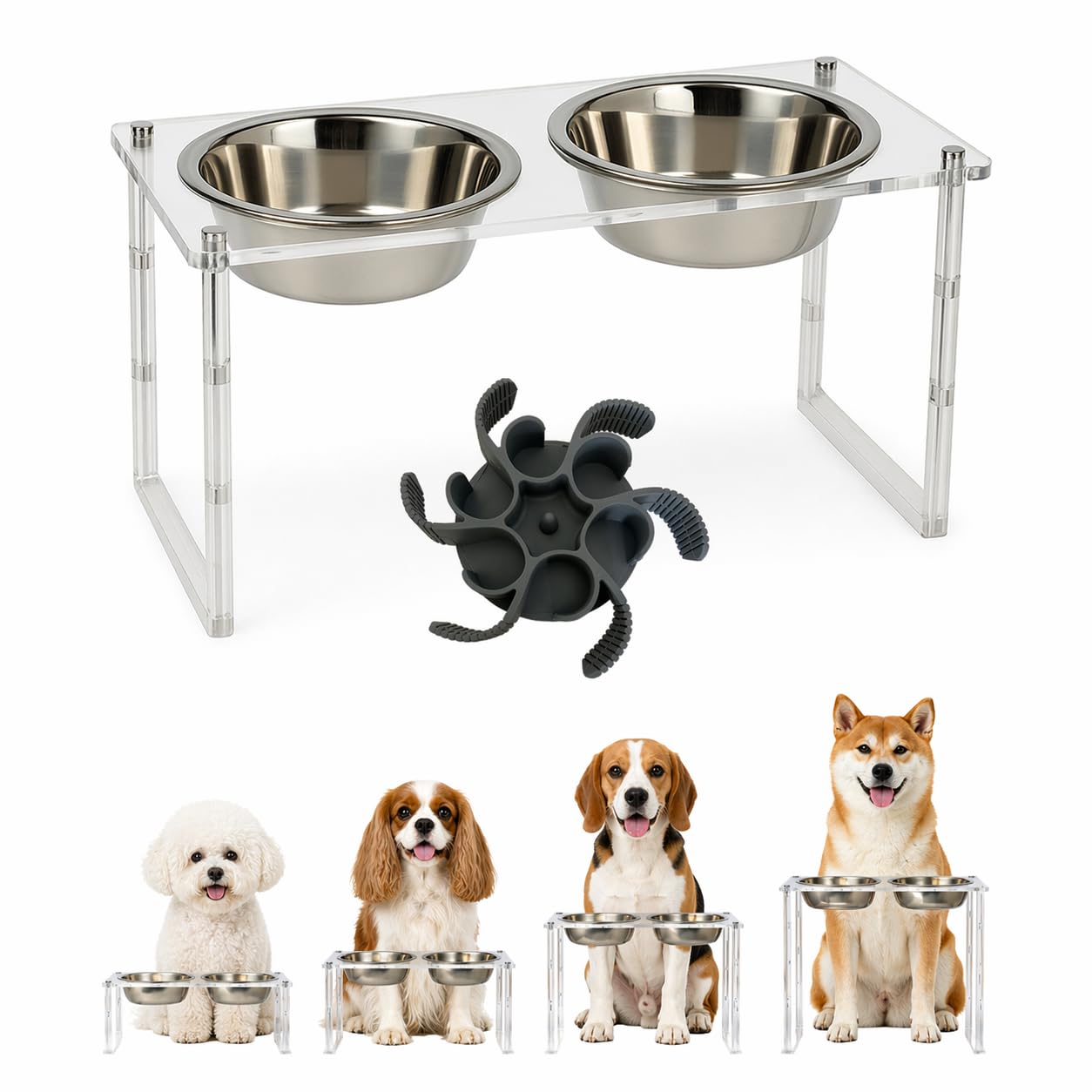 Gamelle Double Chien et Chat Surélevée - Support 4 Hauteurs Ajustables – Double Bols en Acier Inoxydable 800ML + Accessoire Anti-Glouton - Installation Facile - Design Intérieur
