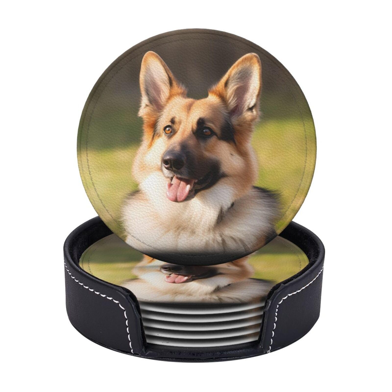 Coasters Set of 6 Microfiber PU leather Coasters with Holders for Drinks Coffee Bar Accessories, House Apartment Coffee Table Decor, Housewarming Gifts - dog