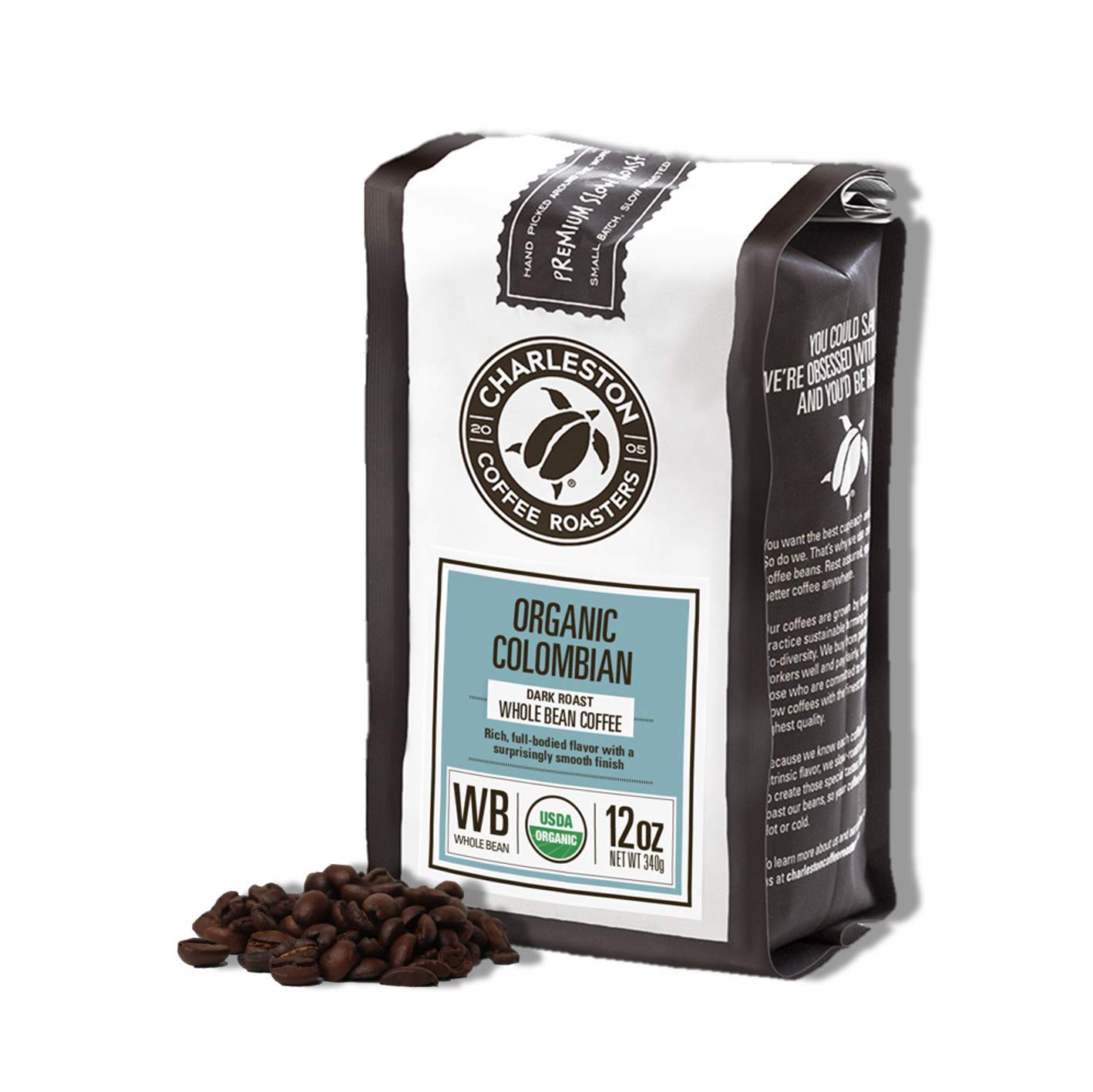 Charleston Coffee Roasters | Specialty Organic Ground Coffee | Hand Picked, Premium Slow Roast (Colombian, Dark Roast) 12oz