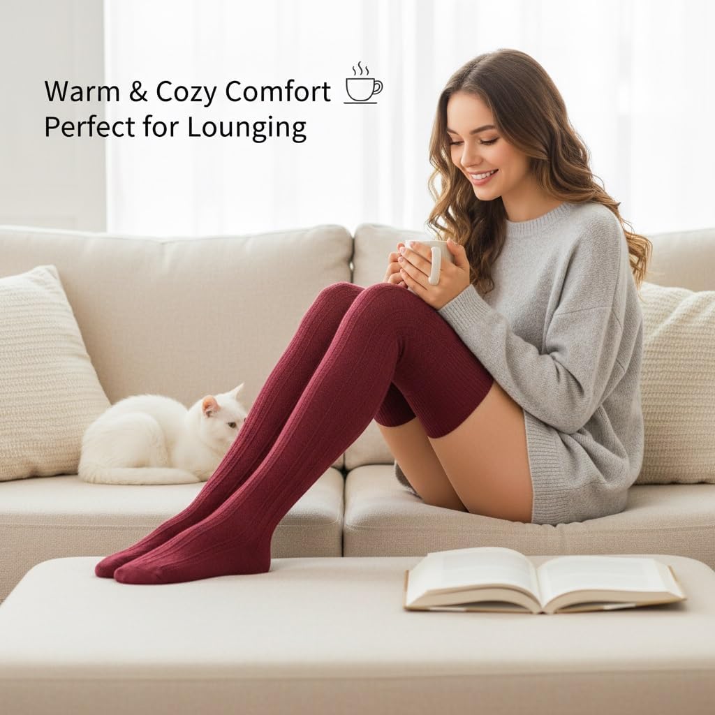 Women's Cable Knit Thigh High Socks, Warm Over-the-Knee Stockings, Cozy Winter Fashion Leg Warmers (3 pairs)