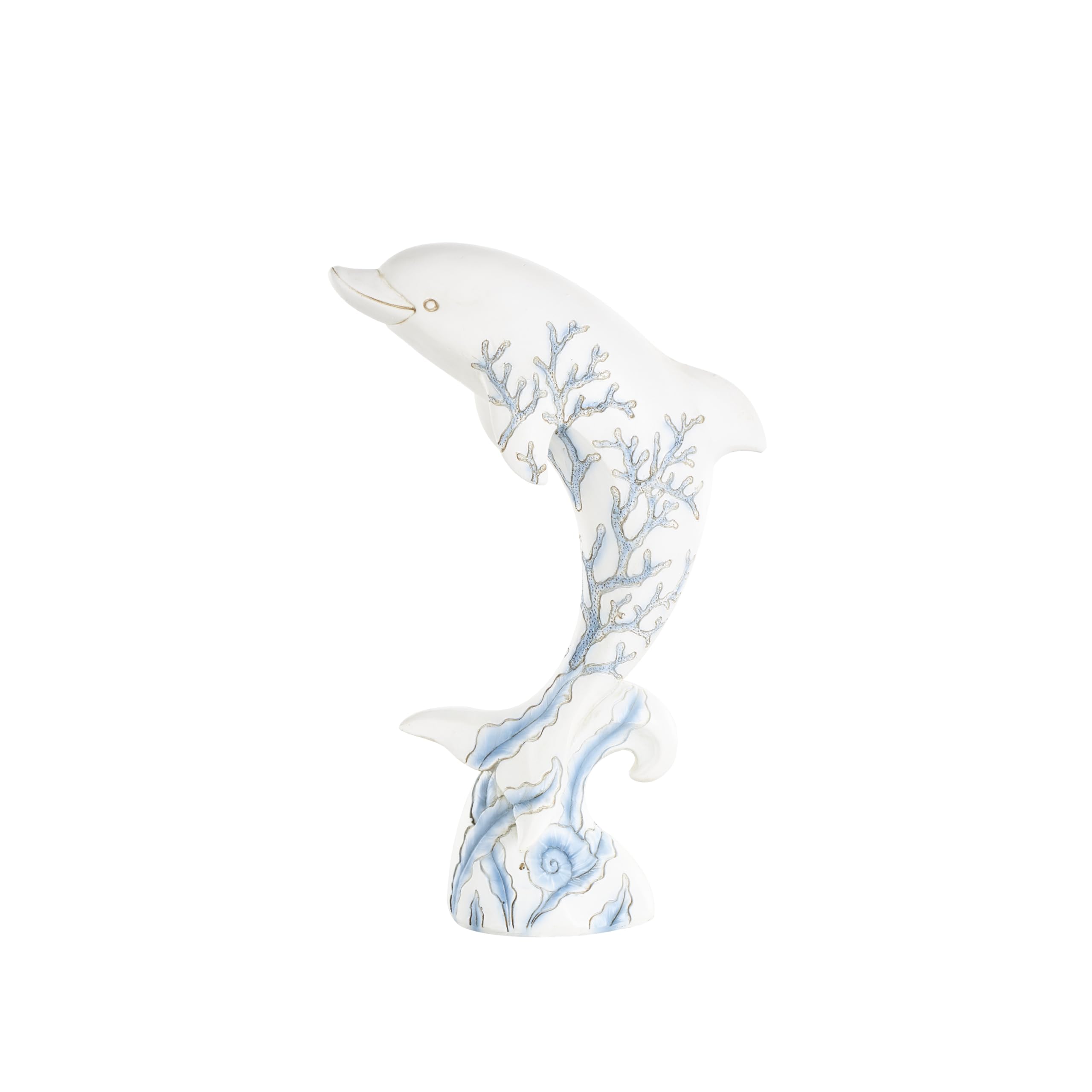 Deco 79 Polystone Dolphin Decorative Sculpture Curved Home Decor Statue with Blue Coral Patterns, Accent Figurine 7" x 4" x 12", White