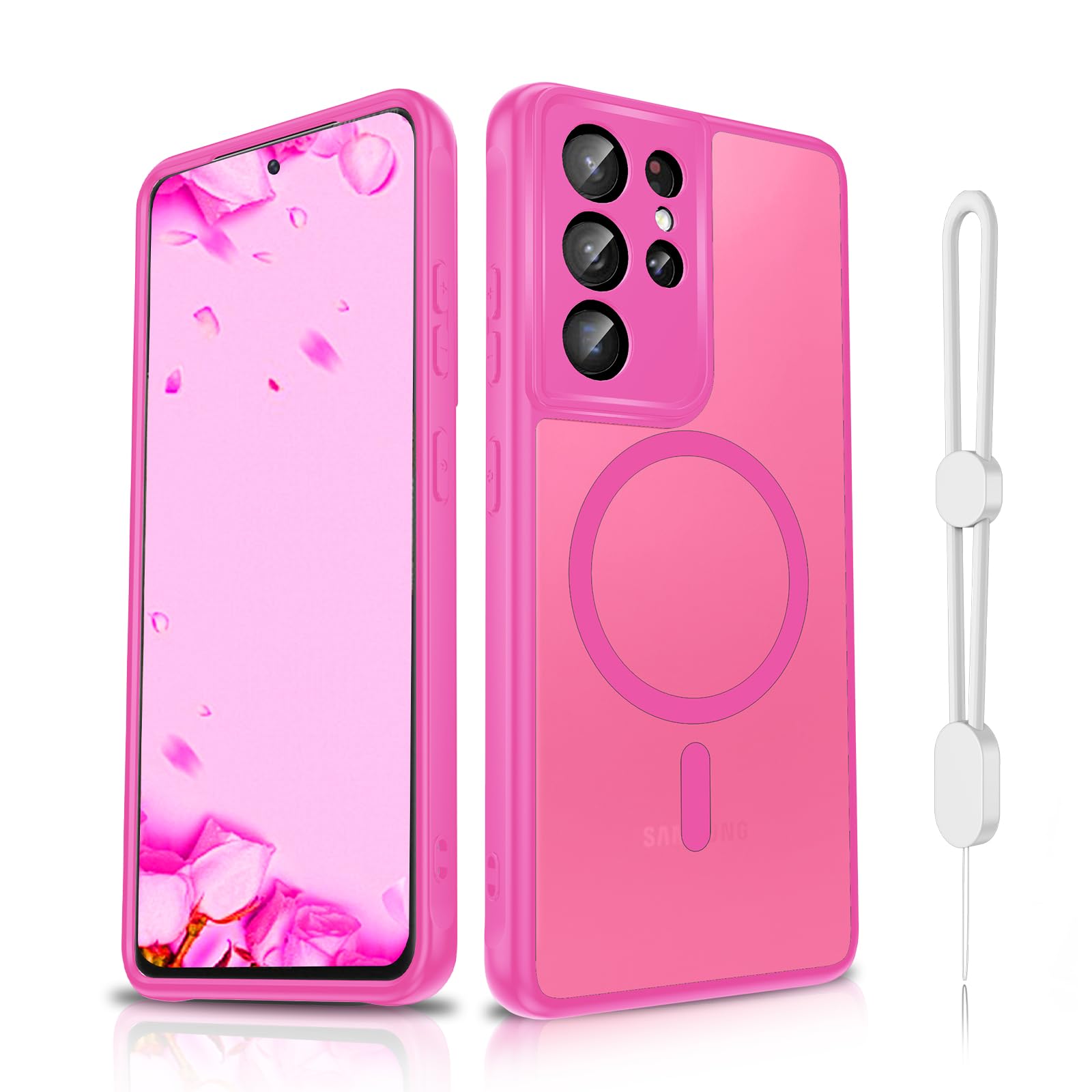 Dizn Magnetic for Samsung Galaxy S21 Ultra Case:,with Strap,Full Camera Protective Lens,Matte Translucent Cover, Military Grade Shockproof Protective for S 23 Ultra,Rose Red