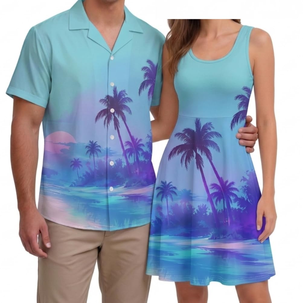 Hawaii Matching Couple Outfits Husband and Wife Clothing Fashionable Mens Casual Shirts Hawaii Dress with Soft Fabric