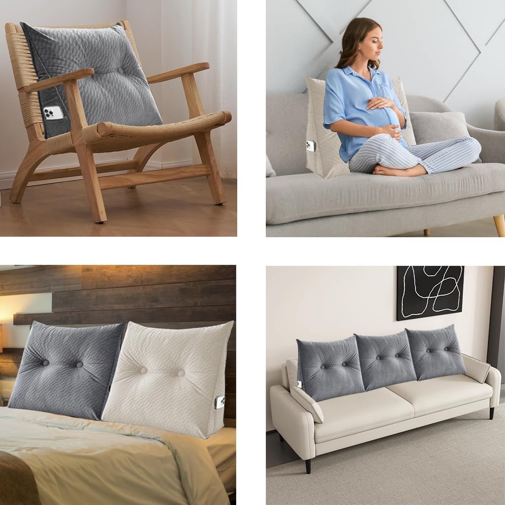 Velvet Triangular Headboard Wedge Pillow, Removable Cover Headboard Pillow Daybed Bunk Bed, Backrest Positioning Support Pillow Cushion Resting Reading (Beige, Small(24 * 20 * 8in))