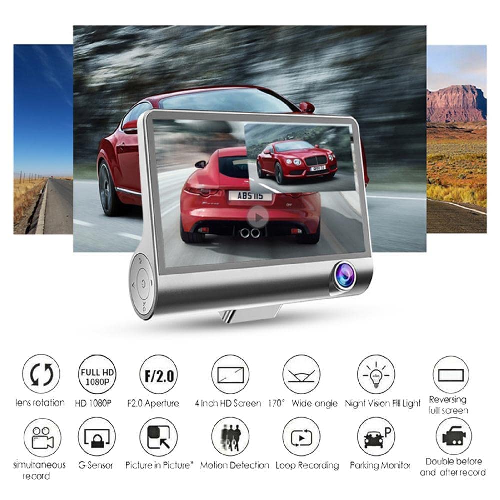 Baceyong 1080P kamera samochodowa z widokiem z przodu i z tyłu, 4-drożny rejestrator wideo DVR z obiektywem szerokokątnym 170°, automatyczna kamera samochodowa z czujnikiem G