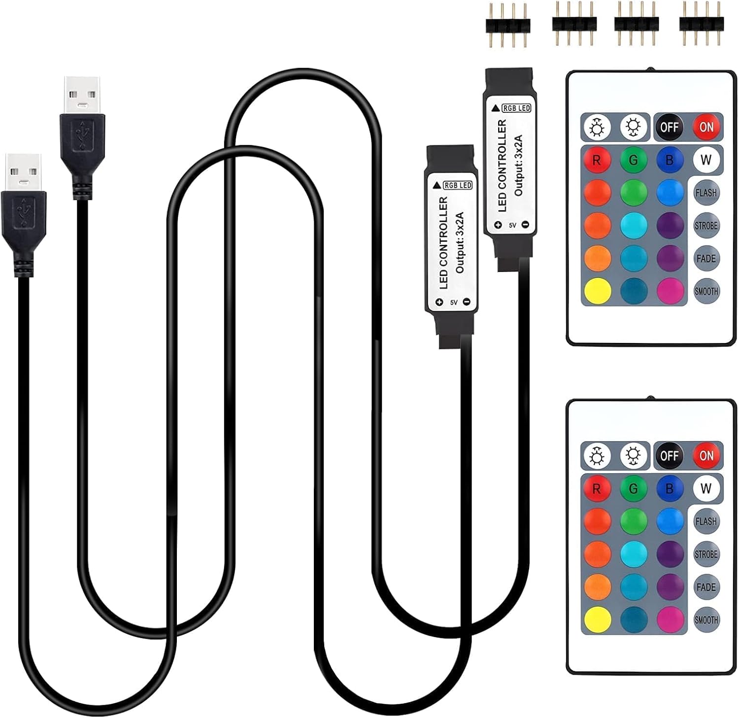 USB LED Light Controller, 5V RGB LED Strips Remote Replacement with 24 Key Infrared Remote for 4 Pin 5050 2835 RGB Strip, 2 Pack (IR Control Only, Not APP)