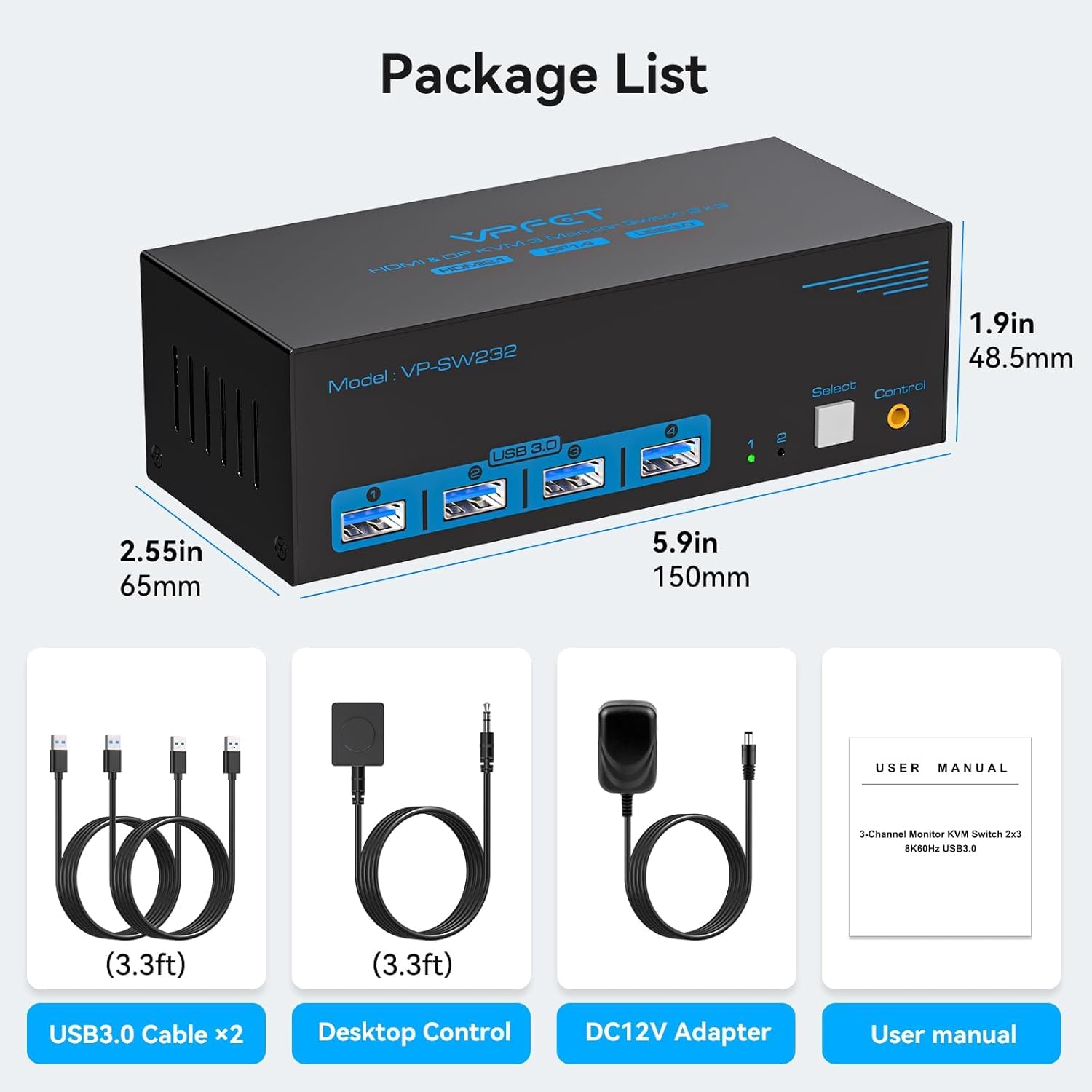 VPFET 8K60Hz Displayport HDMI KVM Switch 2 PC 3 monitory USB 3.0 DP1.4 + HDMI 2.1 przełącznik KVM do dwóch części komputerowych, trzy monitory i 4 urządzenia USB z 2 kablami USB i kontrolerem