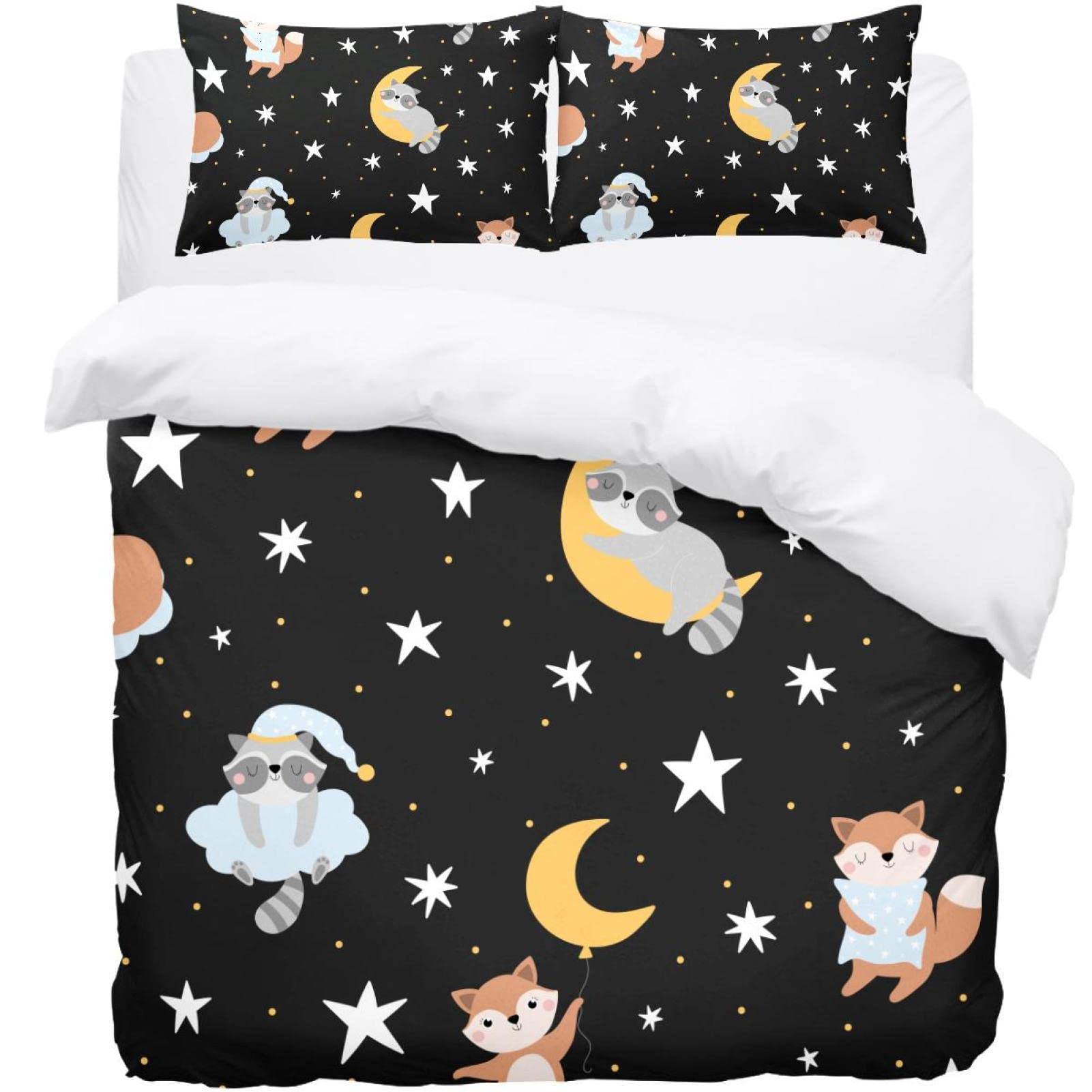 Housse de couette avec 2 taies motif animaux endormis et étoiles imprimés sur fond noir chic