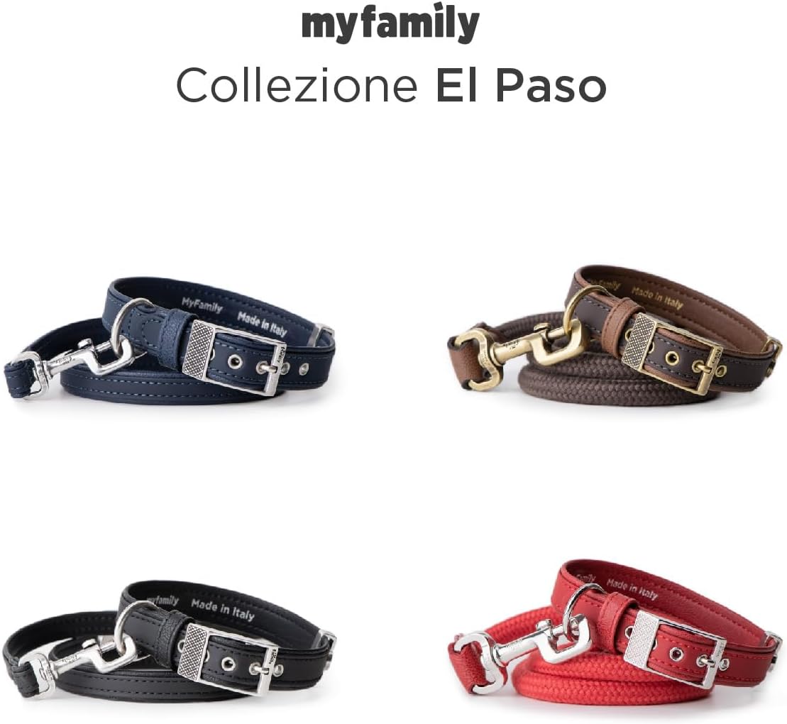 MyFamily Adjustable Dog Collar Made in Italy Genuine Italian Leather, English Brass Metallic Finishes, Comfortable and Durable, Handmade, El Paso Collection