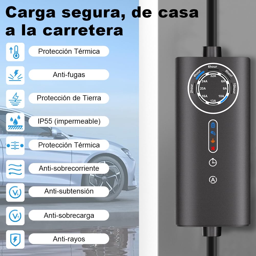 Junsun Cargador EV Portátil 7.2KW Monofásico, Corriente Ajustable 6A-32A, Cable 5m con Enchufe CEE Industrial Azul, Maletín de Transporte Incluido – Ideal para Coche Eléctrico e Híbrido