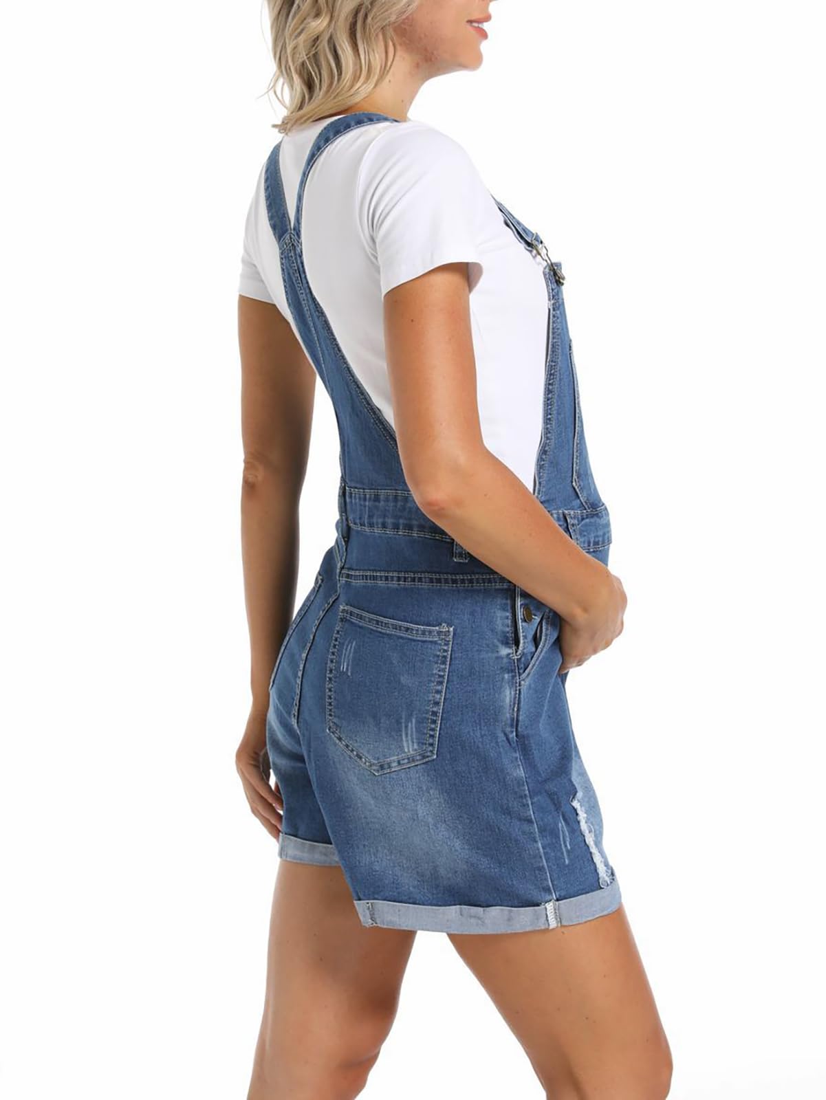 Mono de mezclilla de maternidad para mujer, mono de mezclilla rasgado con dobladillo enrollado, para uso diario