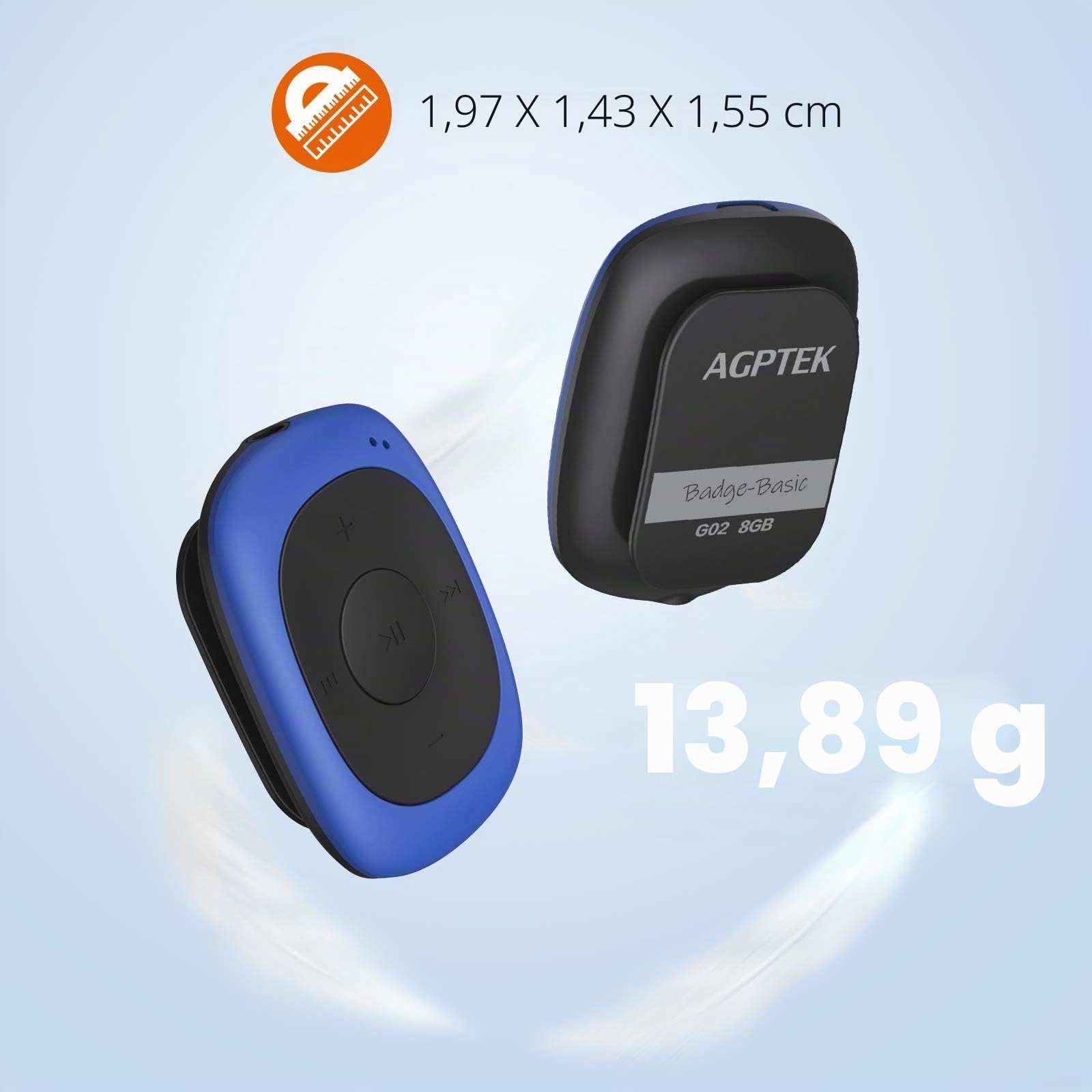 AGPTEK Lecteur MP3 Sport Portable avec Pince, 8Go Mini Baladeur MP3 avec HiFi Radio FM Support Les Formats MP3 WMA WAV, Clip Joueur Musique pour la Course à Pied et Le Cyclisme - G02 Bleu