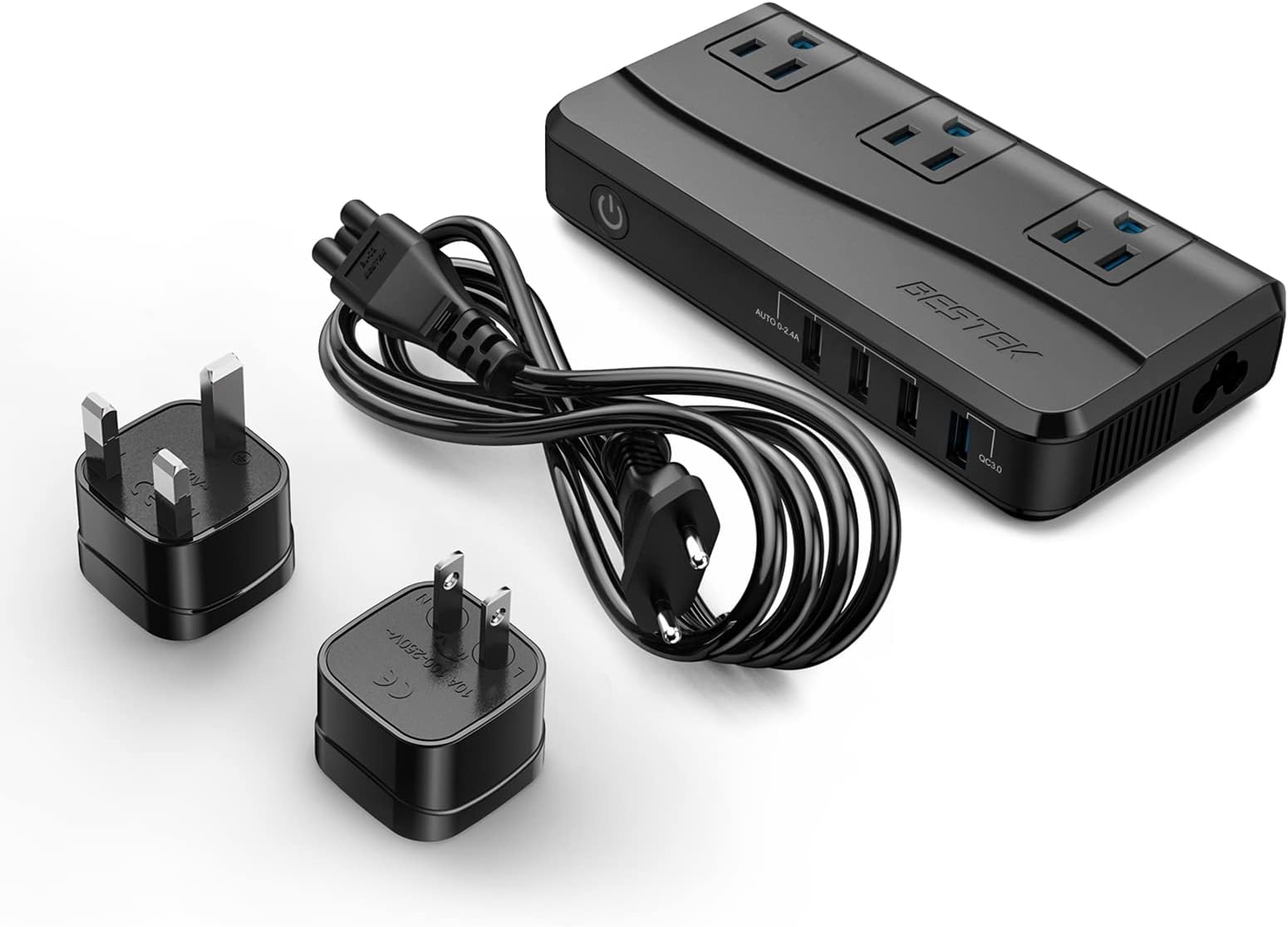 BESTEK Universal Travel Adapter Power Step Down 220V to 110V Voltage Converter with QC3.0 USB Charging Port International Travel Adapter for UK/AU/US/EU/Asia, ETL Listed