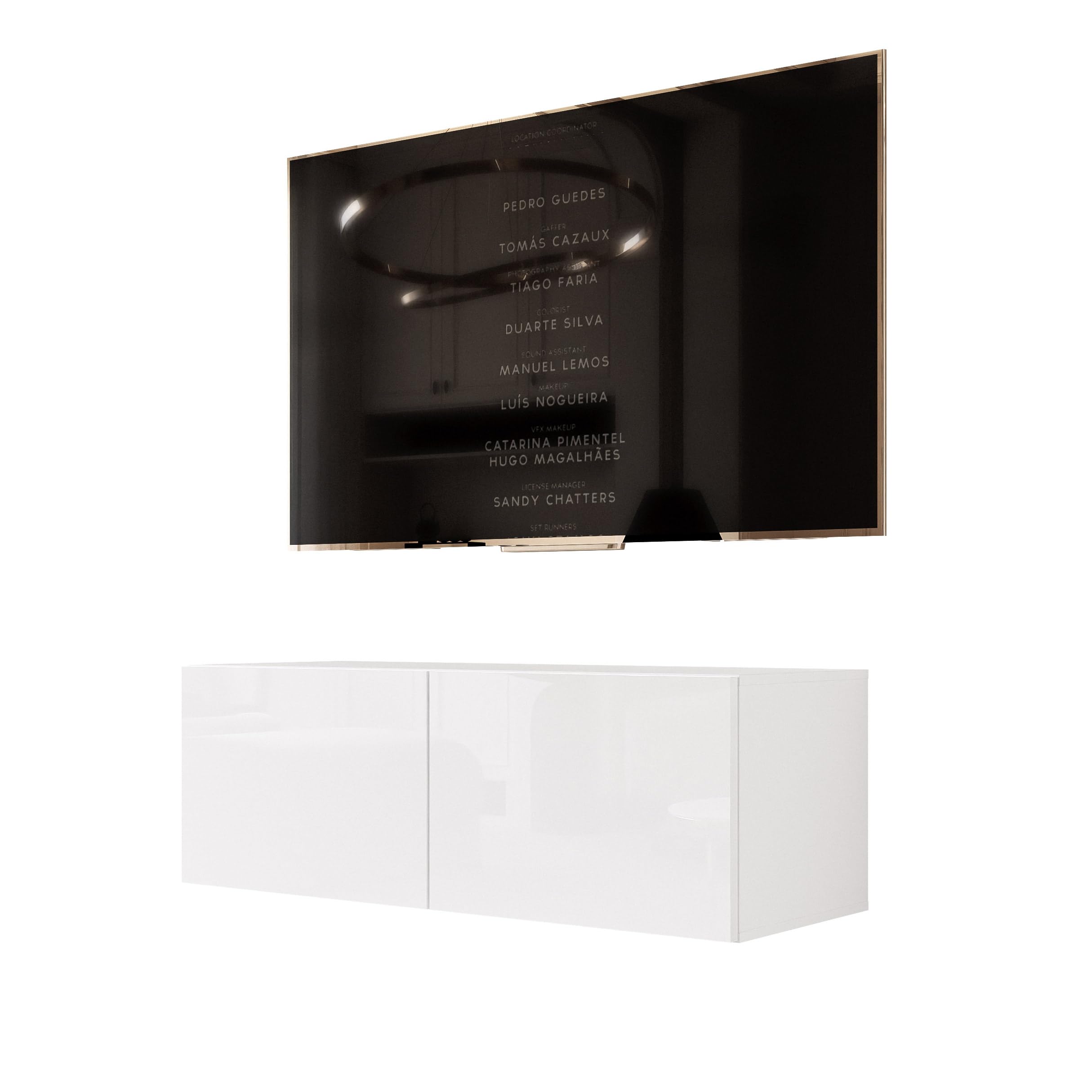 100 cm TV Lowboard Weiß Hochglanz 100cm mit 2 Praktischen Großen Fächern und LED Beleuchtung - TV Board Hängend Passend Für Stilvolle Wohnräume