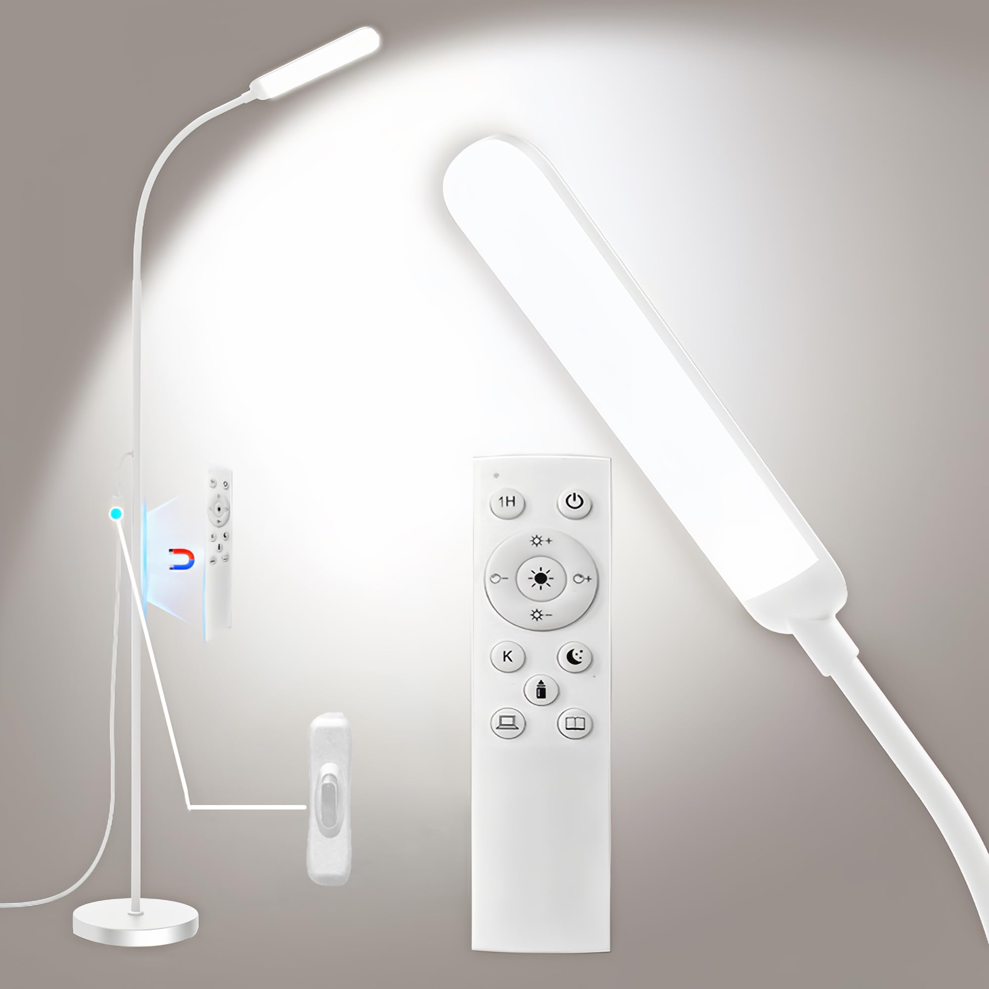 White LED Floor Lamp, 18W 1800lm Super Bright Dimmable Floor Lamps for Living Room Bedroom with Timer, Stepless Adjustable 2700K-6500K Colors &